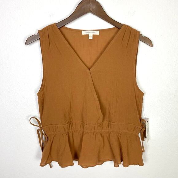 Grade & Gather | NWT Magnolia Brown Crepe Side Tie Cinched Peplum Tank - Picture 5 of 9